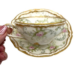 Antique Limoges Bone China Cup Saucer Set With Gold Trim & Floral Roses Design