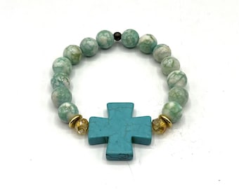 Pulsera de cuentas elásticas vintage con cruz de color turquesa y cuentas Pulsera elástica de 7"