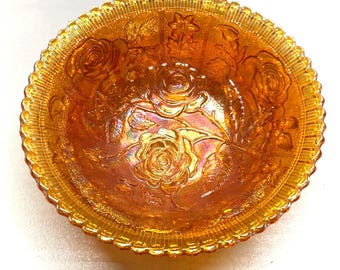 Antique Carnival Amber Glass Bowl With Embossed Roses & Scalloped Rim 8" Diameter