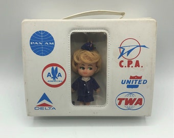 Rare Vintage Miniature Flight Attendant/Stewardess Doll in Travel Case. Delta, Pan Am, American, United, TWA and other Logos.