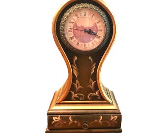 Vintage Hand Painted Wooden Mantle or Tabletop Clock Highly Detailed With Roman Numeral Face Vintage Image & Decorative Drawer 18" tall