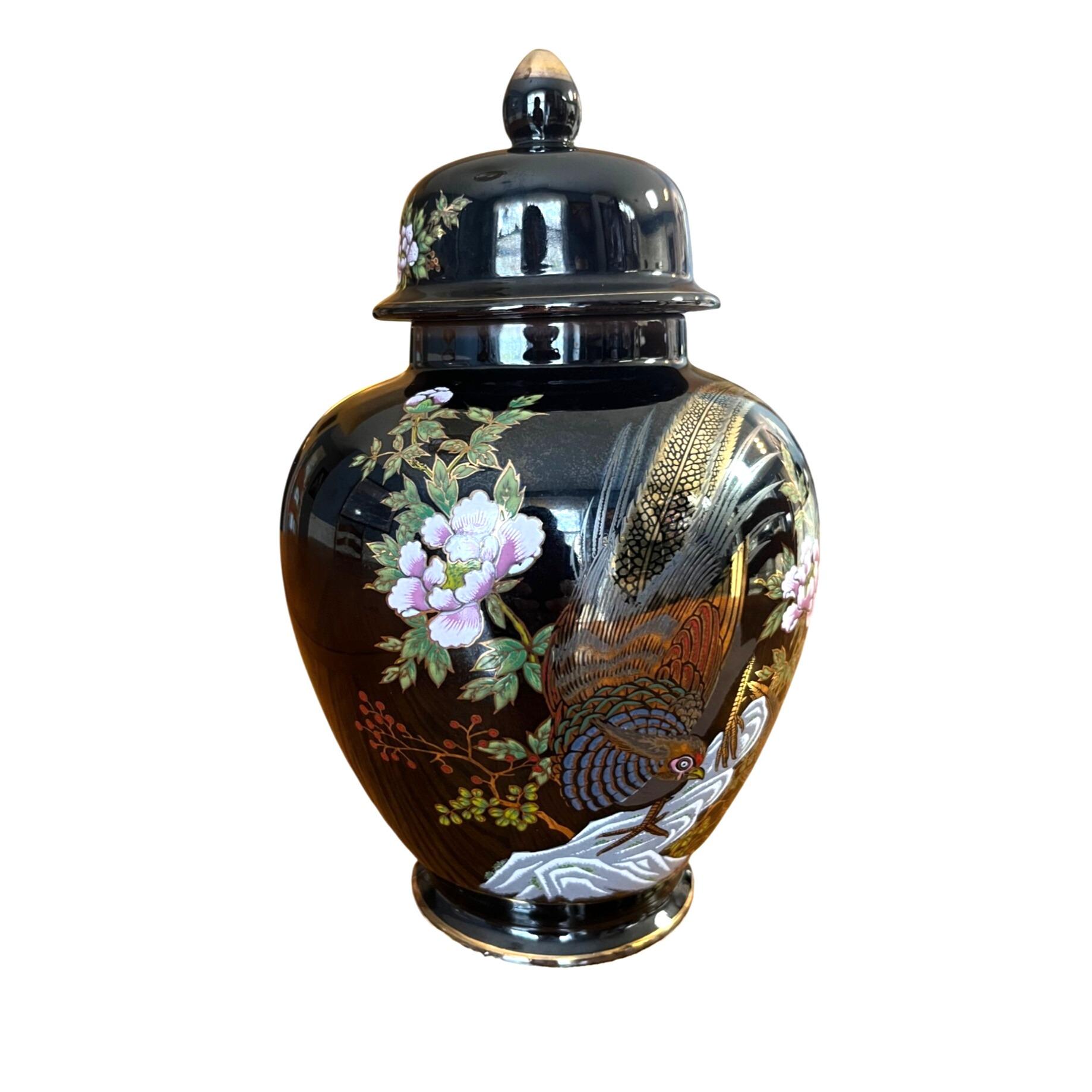 Black Imperial Kutani Porcelain Ginger Jar With Lid Hand-painted