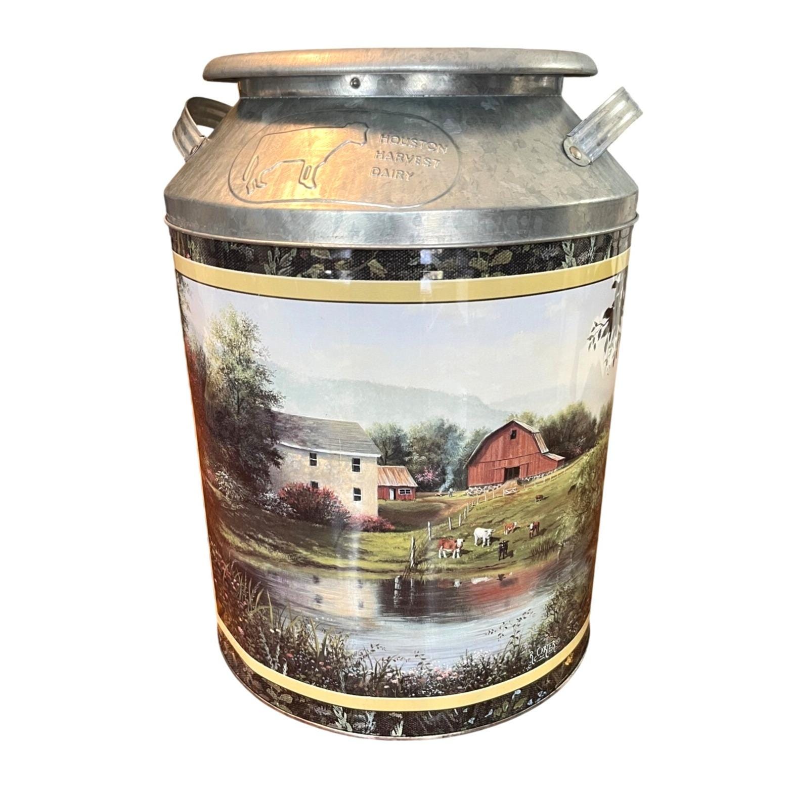 Vintage Houston Harvest Dairy Milk Can With Red Barn Artwork by