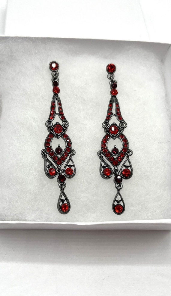 Ruby Red Crystal Chandelier Post Dangle Earrings. 