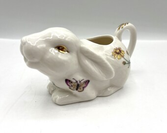 Bunny Rabbit Creamer Flowers Butterflies Gold Accents Grace's Teaware China Creamer 4.5" x 2.5" tall