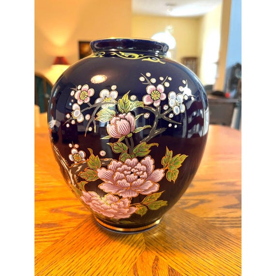●JAPANESE MODERN VINTAGE FLOWER VASE ● Japanese Vase Floral Hand Painted Mid Century Gold Bright Crackle