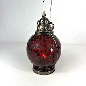 Brass and Mosaic Red Glass Hanging Votive Candleholder 8&quot; wide x 12&quot; high