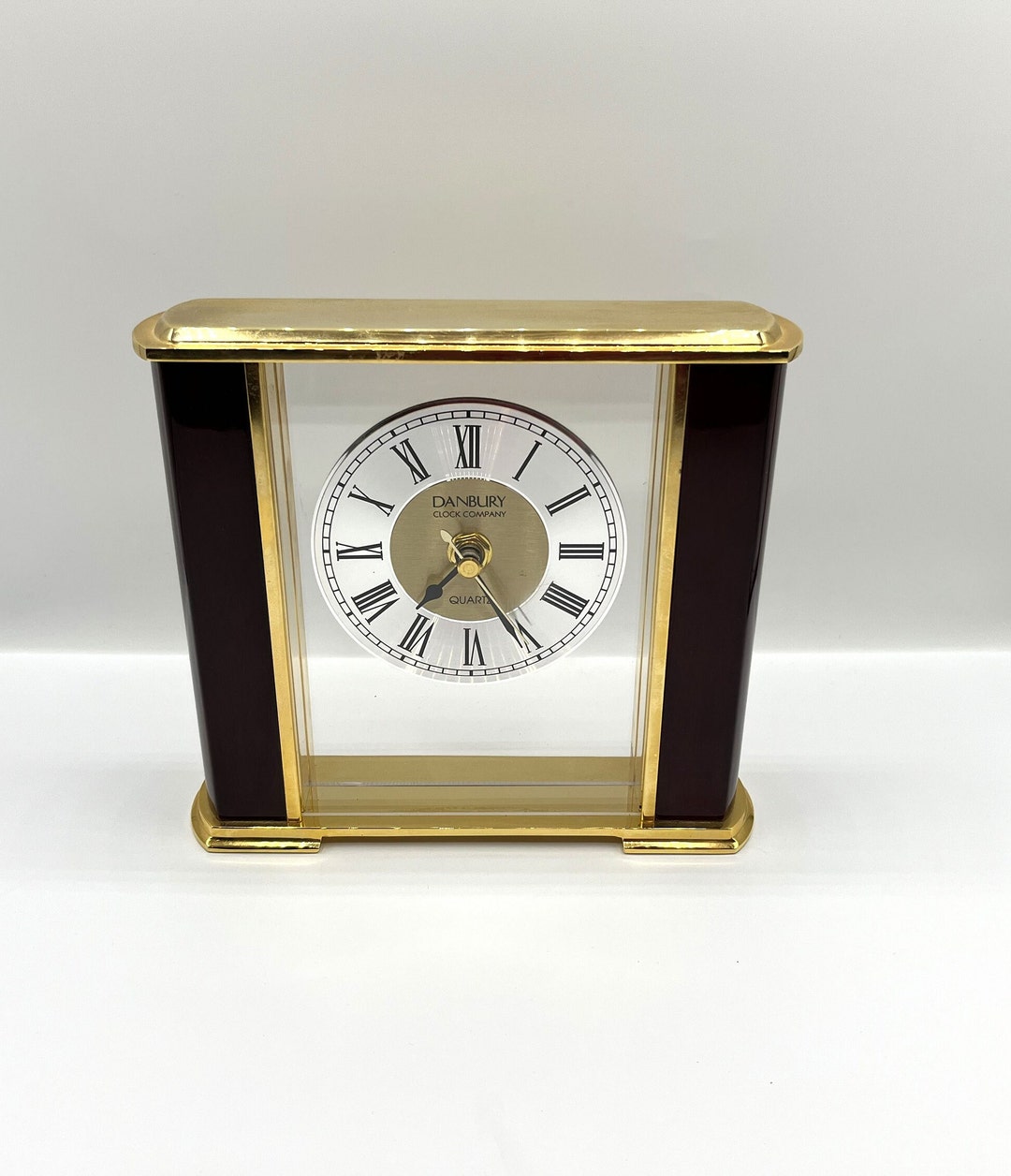 Danbury Quartz Clock Brass Acrylic and Mahogany Wood Mantel Desk or