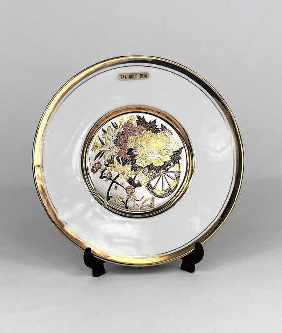 Japanese Chokin Art Collectible Plate, 24K Gold Trim