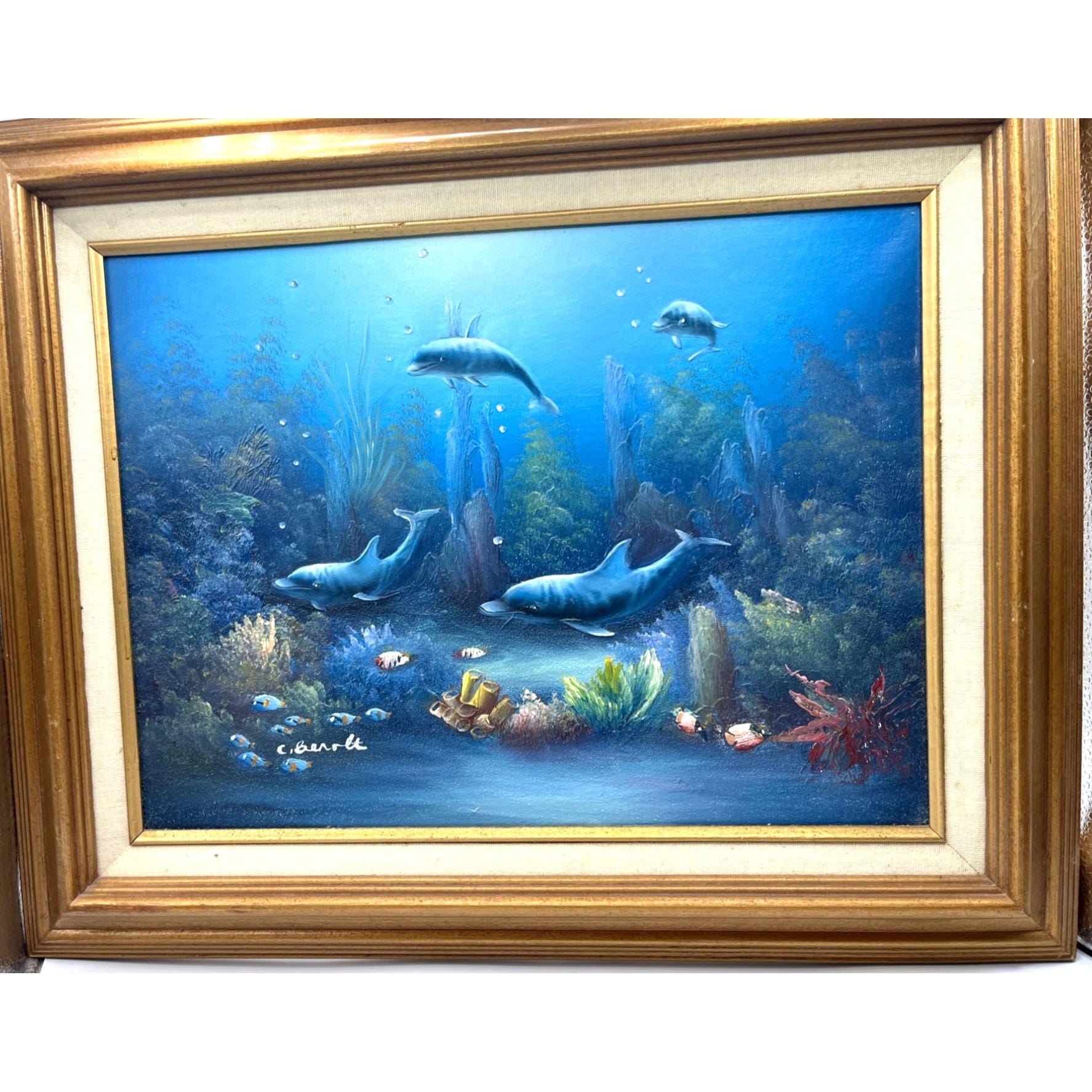 Original C. Benolt Oil Painting Dolphin Underwater Marine in Gold