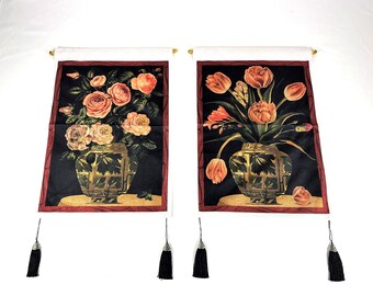 Pair of Wall Hangings Flowers in Oriental Ginger Jars 14&quot; x 20&quot;