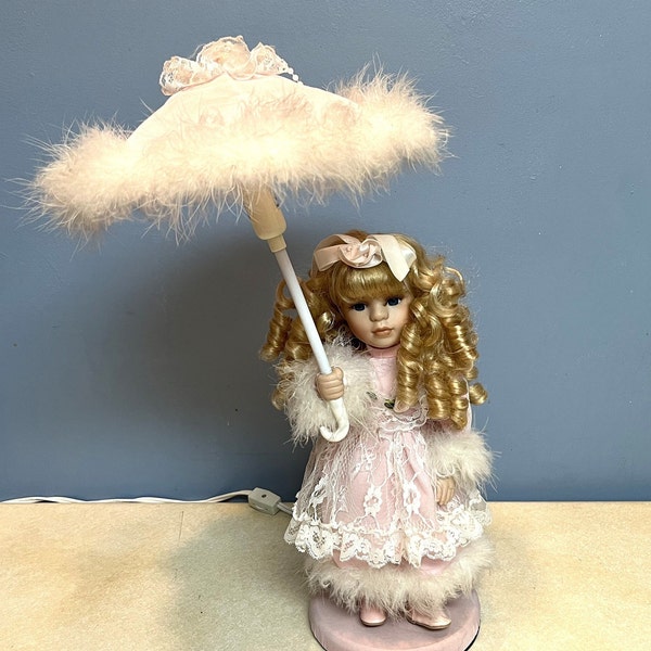 Collectible Doll with Parasol Night Light Accent Lamp Pink Dress with Lace and Feather Boa Long Blond Curls 14" tall