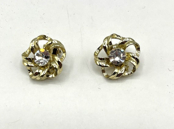 Vintage Gold Tone Clip On Earrings Large Clear Rh… - image 1