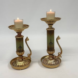Vintage Dilly Metal Gold Tone Votive Candleholders. Pair 8.25&quot; tall and 9.5&quot; tall