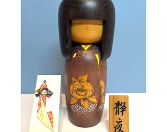 Vintage Japanese Kokeshi Doll With Hand Painted Floral Design & Wooden Plaque 9" tall Signed