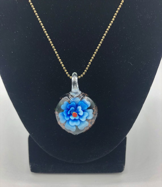 Hand Blown Glass Lampworks Pendant with Blue Flowe