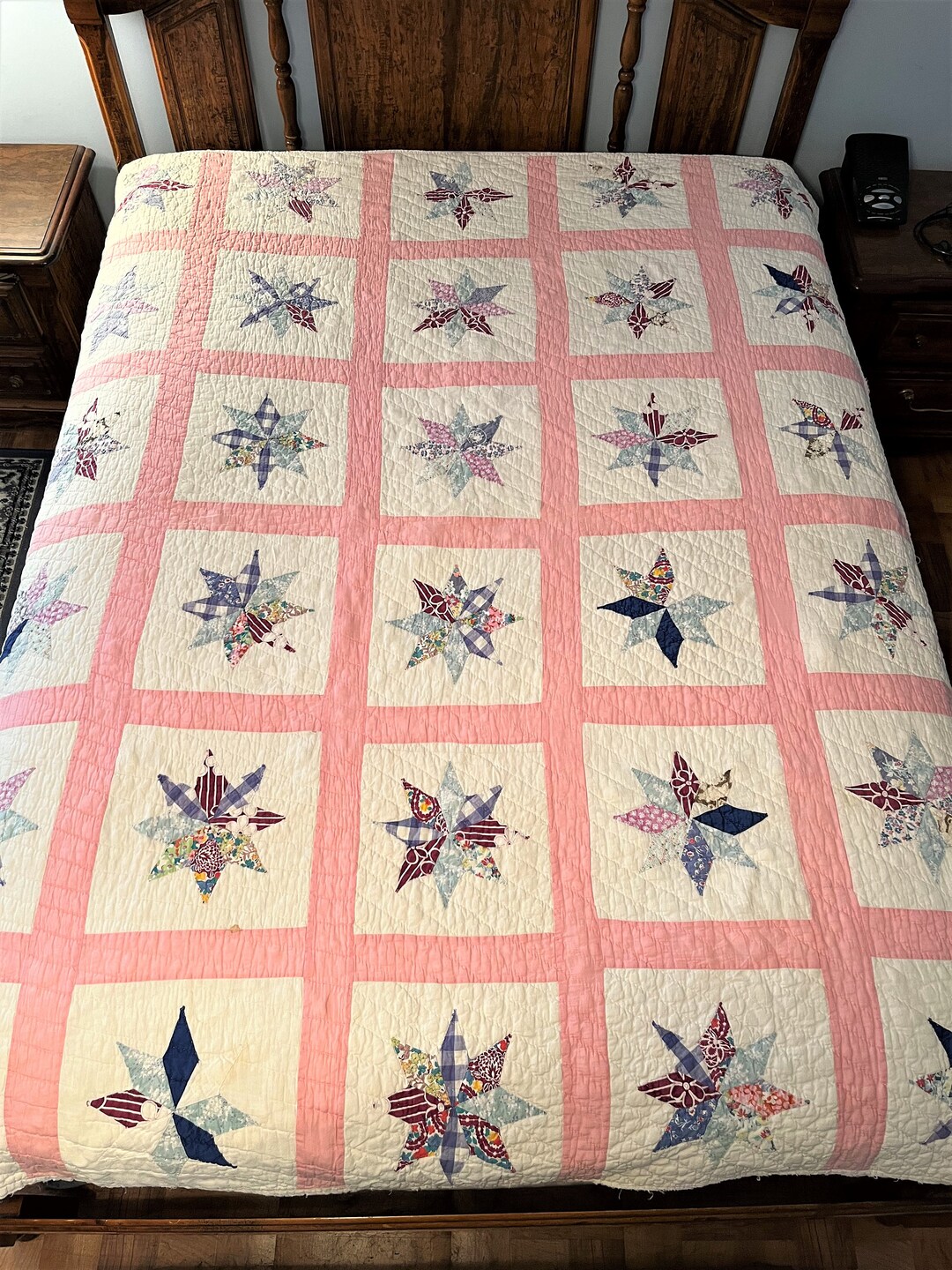 Vintage Hand Made Multicolor Quilt Star Pattern With Pink Borders