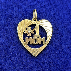 14K Gold #1 Mom Pendant Heart Shape with Diamond Chip. Special Gift for Mom 3/4&quot; x 3/4&quot;