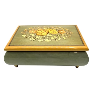 Reuge Music Box Handcrafted Inlaid Wooden Floral Design Swiss Movement and Brass Feet