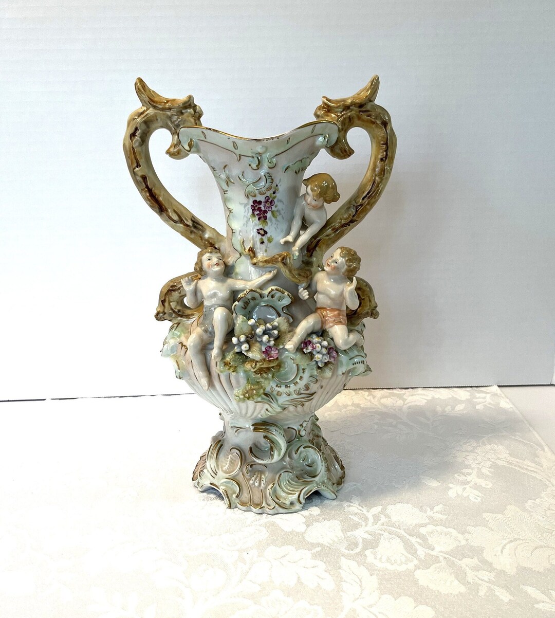 Antique German Porcelain Vase Light Green and Pink Highly Etsy
