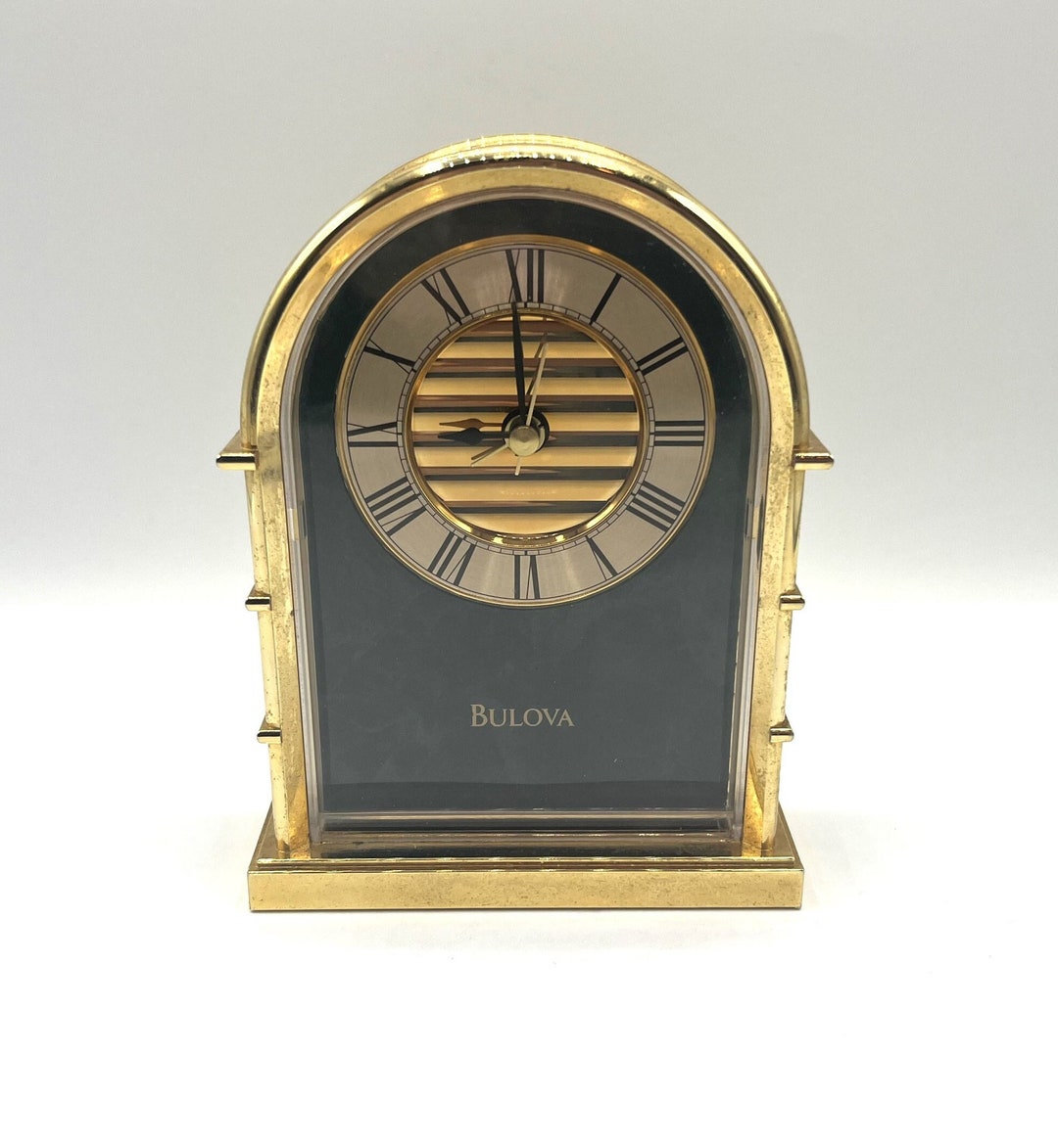 Bulova Quartz Clock Arched Green and Gold Juke Box Style With Alarm. 4