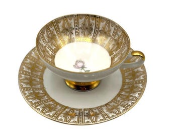 Vintage Gold and White Fine China Teacup Saucer Set With Pink Rose Design