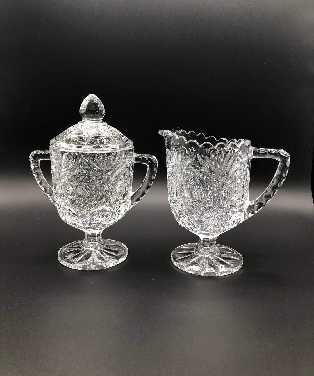 Vintage Pressed Glass Sugar and Creamer Set. Pedestals With Beautiful