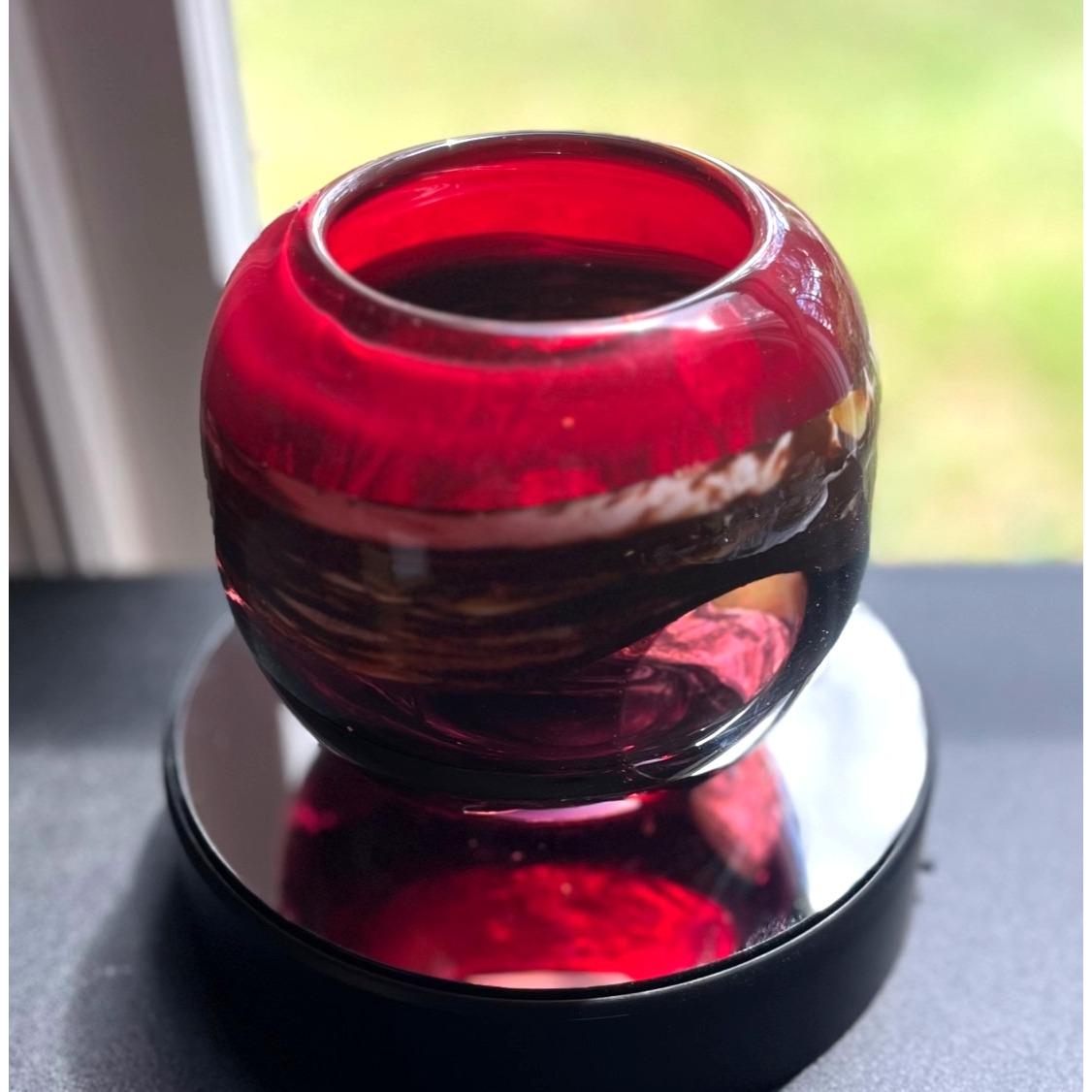 Handblown Murano Style Red Art Glass Vase With Brown and Tan Swirl Design and 3 Clear Windows 5" high