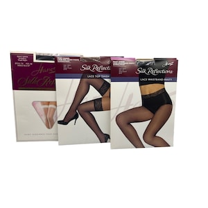 Hanes Silk Reflections Silky Sheer Lace Top  Waistband Panty Thigh Highs Barely Black Lot of 4