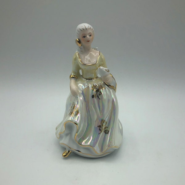 Vintage Porcelain Victorian Lady w Dove Bell/Figurine/Ornament, Beautiful Gown with Lusterware Finish, Yellow Bodice, Gold Trim and Details.