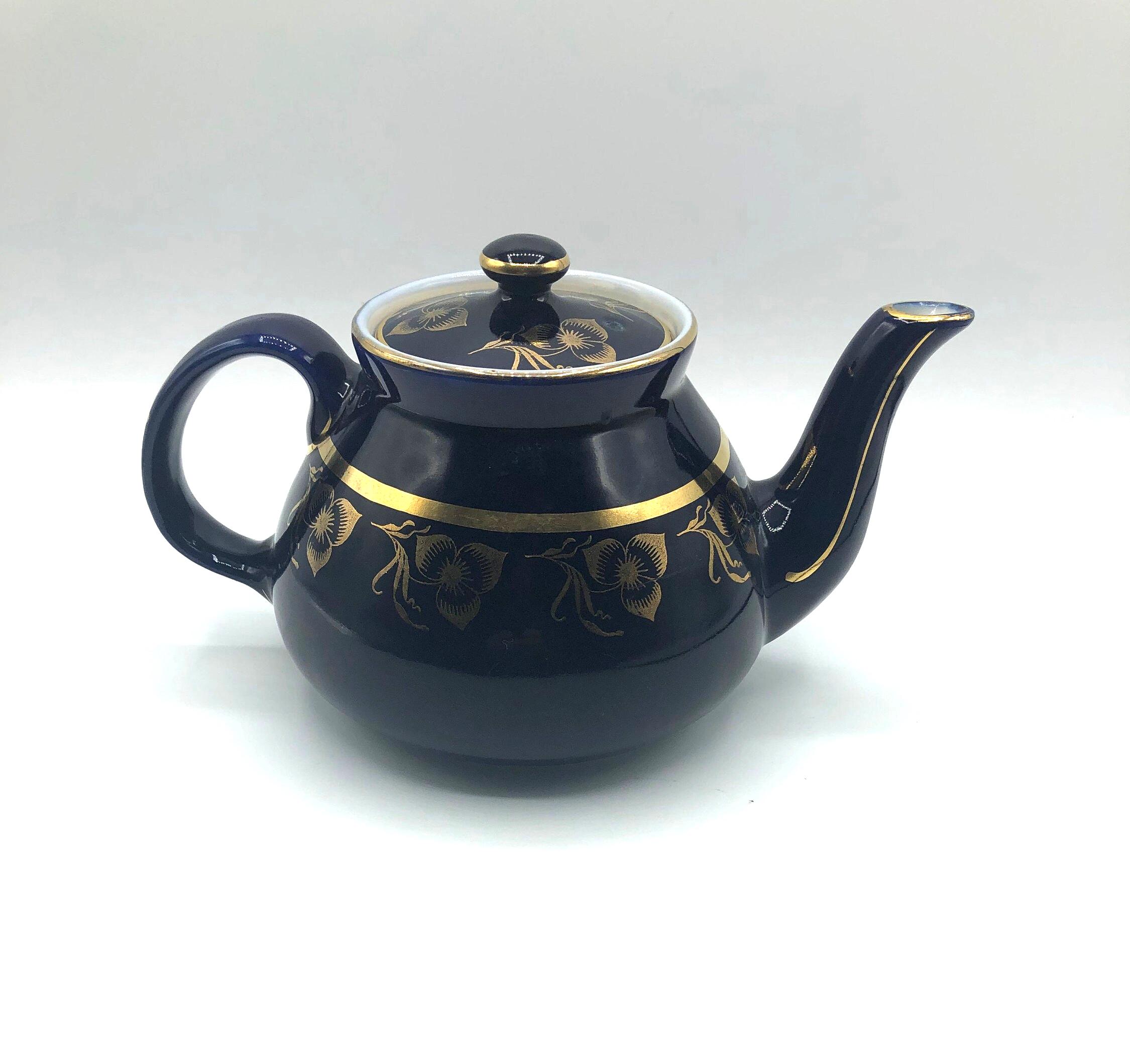 Vintage Hall's Cobalt Blue Teapot With Gold Flower Pattern and