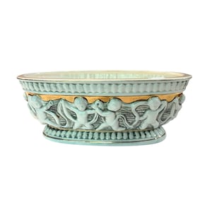 Vintage 24K Gold Plated White Ceramic Planter With Dimensional Cherubs Highly Detailed 9 x 5&quot;