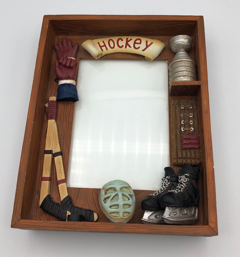 6.5 x 8.5 x 1.5 Dimensional Hockey Display Frame with Hockey Sticks Pads and Trophy Puck Ice Skates Gloves Helmet with Faceshield