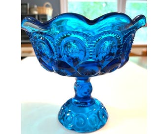 Vintage Blue LE Smith Moon and Stars Glass Compote Pedestal Dish 7" tall