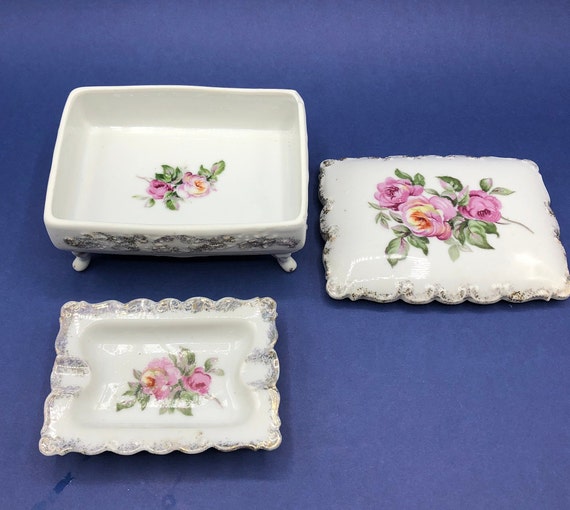 Vintage Fine China Cigarette Box With Matching Ash Tray