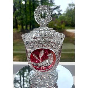 Vintage Hofbauer "Byrdes" Ruby Red Cut To Crystal Pedestal Candy Dish With Lid Bird w Fern Etching Starburst Design 9" tall