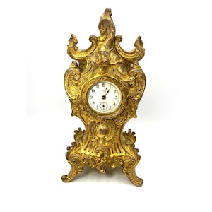 Antique Ornate Baroque-Style Gold Gilded Manual Clock With Intricate Fish Angel Scrollwork Design 1901 Needs Repair.