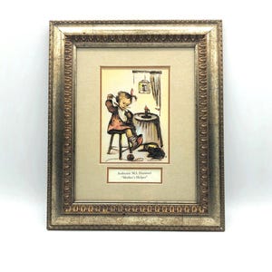 Authentic Hummel Signed Print &quot;Mother&#39;s Helper&quot; Vintage 1981. Double Matted In Detailed Gold Frame with Glass.  10&quot; x 12&quot;