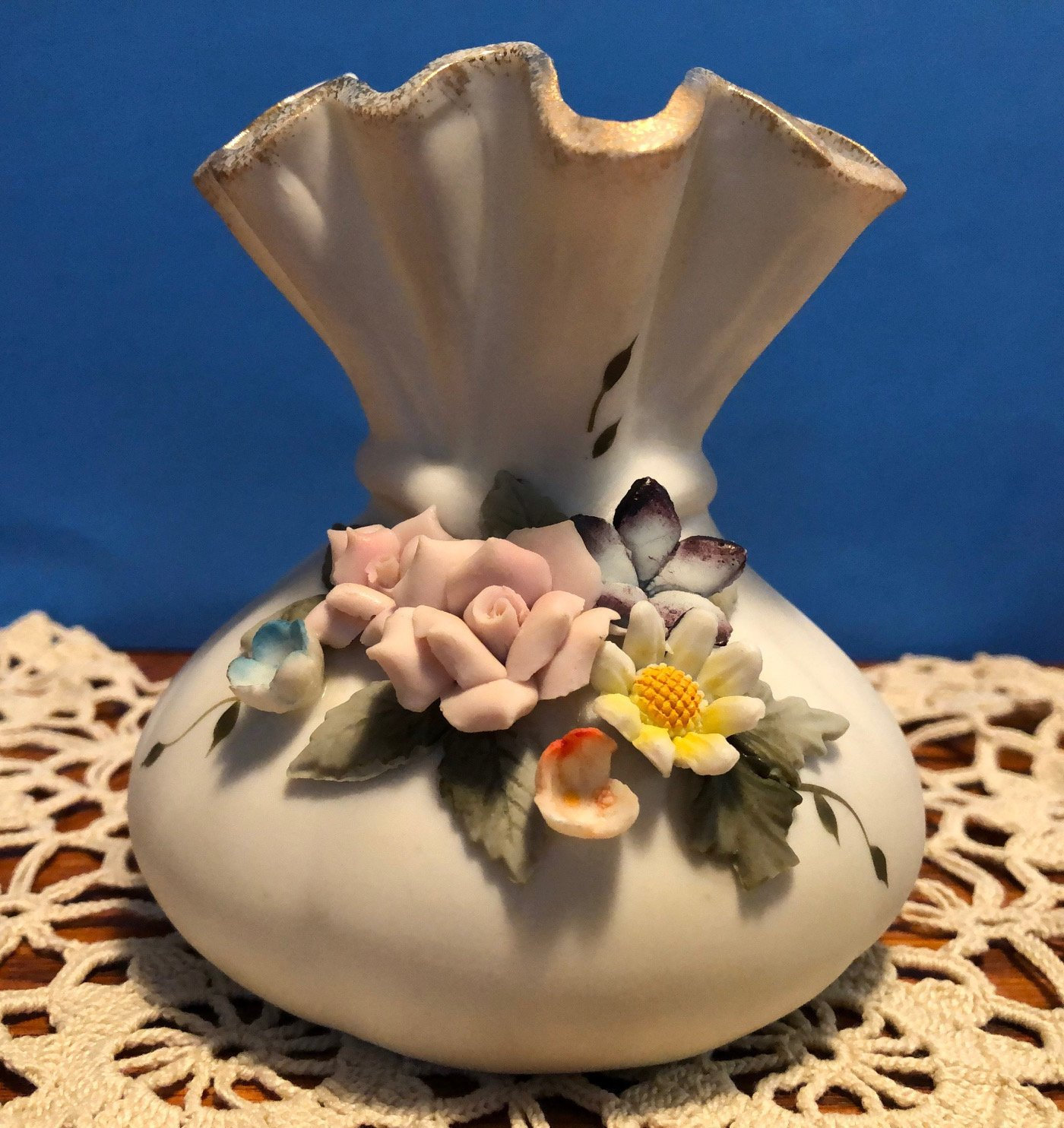 ESD Japan Handpainted China Vase With Sculptured Flowers and