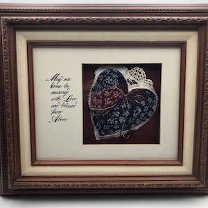 Framed Blessing &quot;May Our Home Be Seasoned with Love and Blessed from Above&quot; w handsewn puffed heart and lace trim 13&quot; x 15&quot;
