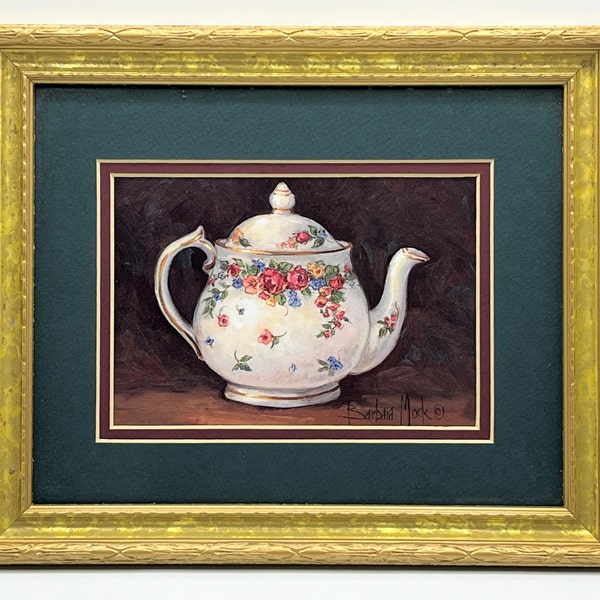 Barbara Mock Signed Vintage Teapot Print, Double Matted in Detailed Gold Wooden Frame w Glass  9.75" x 11.75"