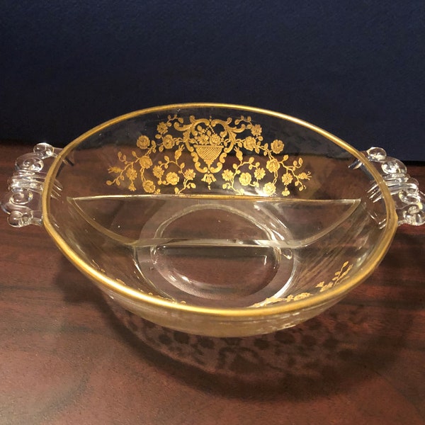 Glass Divided Relish/Candy Dish Etched with Gold Overlay. Floral Pattern with Urn. Scrolled Handles.