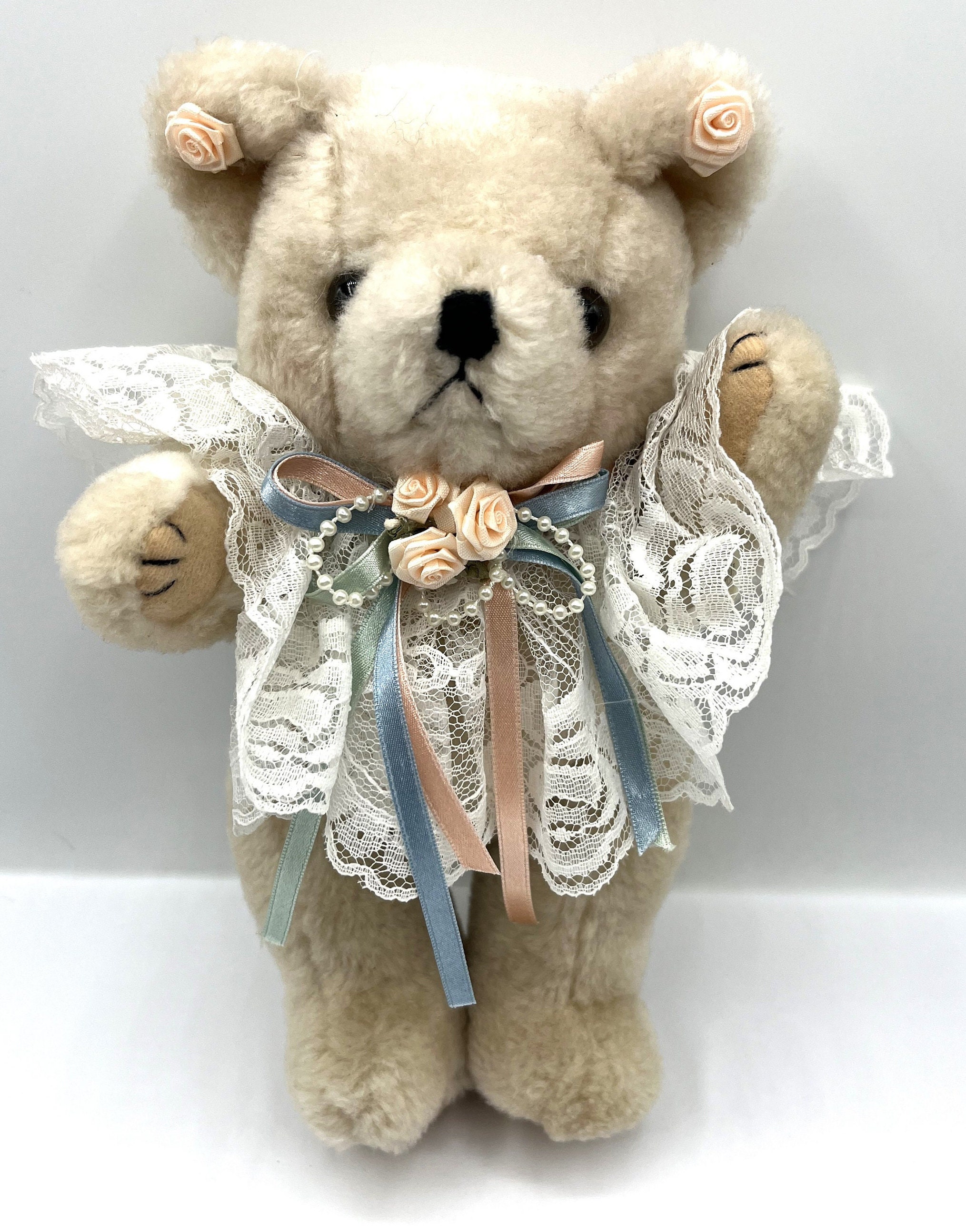 Sweet Teddy Bear Plush in Lace and Ribbons and Flowers. Moveable