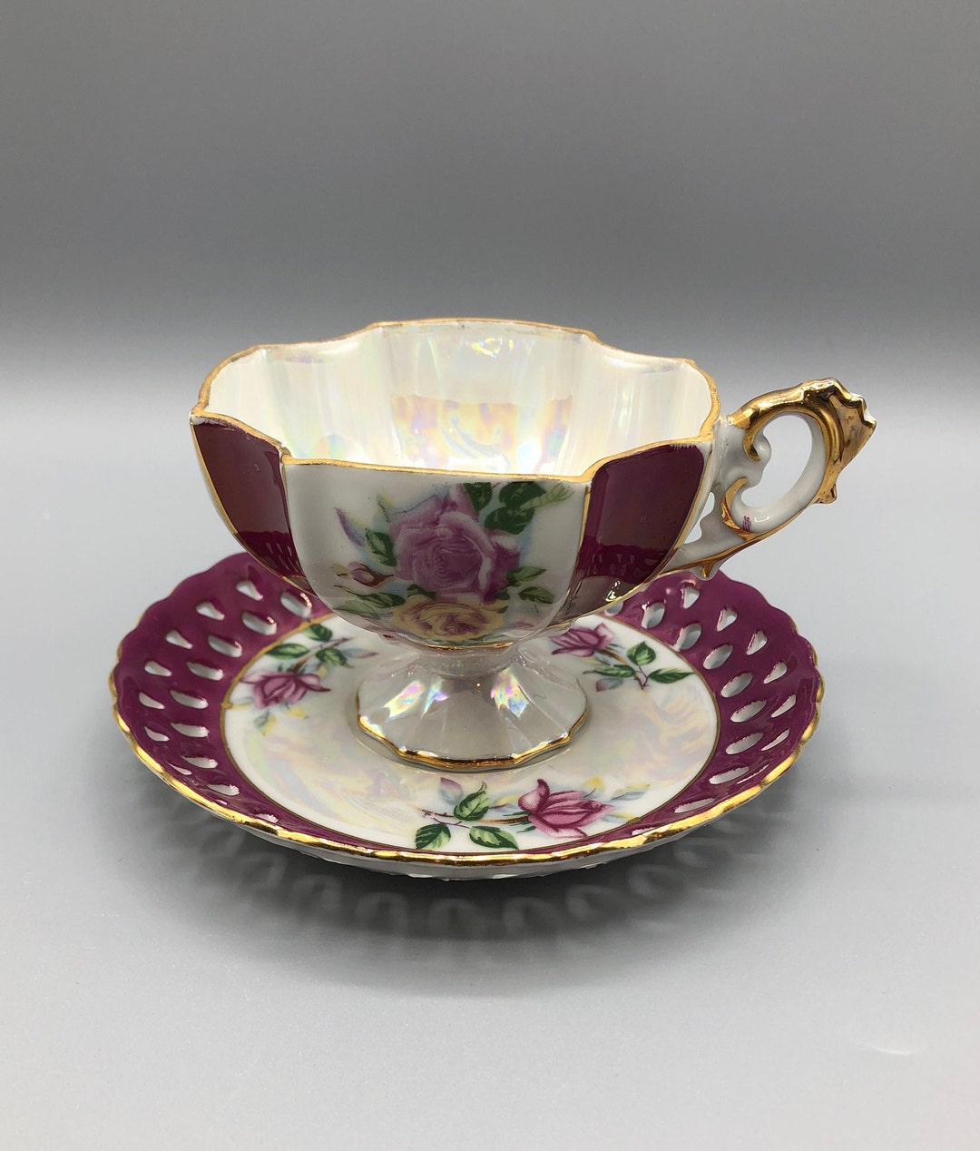 Vintage Lusterware Tea Cup and Saucer. Octagon Shape Cup Vintage Lusterware Tea Cup and Saucer. Octagon Shape Cup