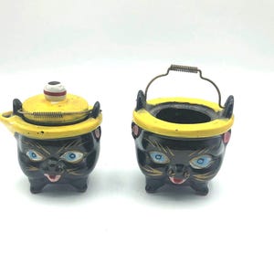 Antique Norcrest Japan Ceramic Black Cat Creamer and Sugar with wire handles. Hand made Hand Painted.
