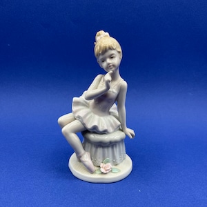 Aspen Gallery Ballerina Figurine with Sculptured Rose, Porcelain Ballerina Seated Thinking 3.5&quot; x 6.5&quot;