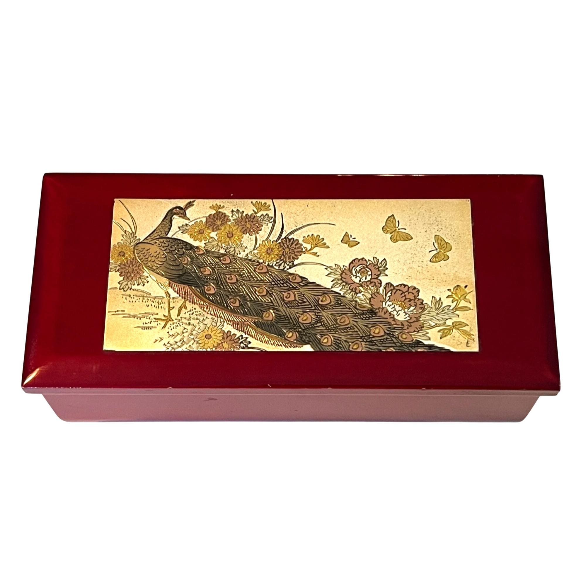 Vintage Red Wooden Music Jewelry Box With Chokin Peacock Floral