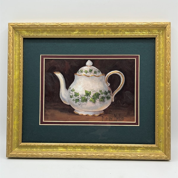 Barbara Mock Signed Vintage Ivy Teapot Print, Double Matted in Detailed Gold Wooden Frame w Glass 9.75" x 11.75"