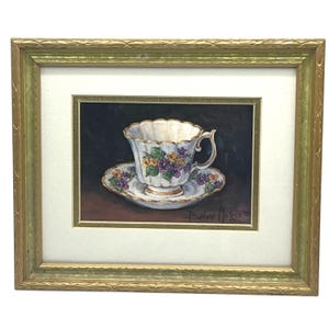 Barbara Mock 花と食器の静物画 金色フレーム 絵画