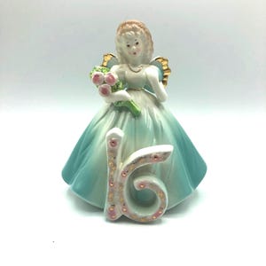 Josef Originals 16th Birthday Angel. Beautiful Porcelain Figurine of Angel in Mint Green with Pink Roses. Brilliant gold details.  6.5" tall